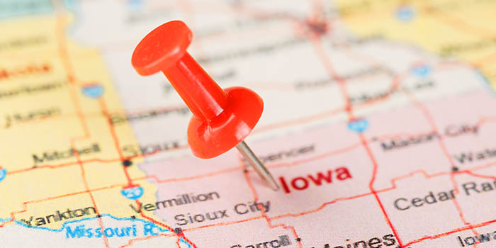 O estado de Iowa fixado no mapa